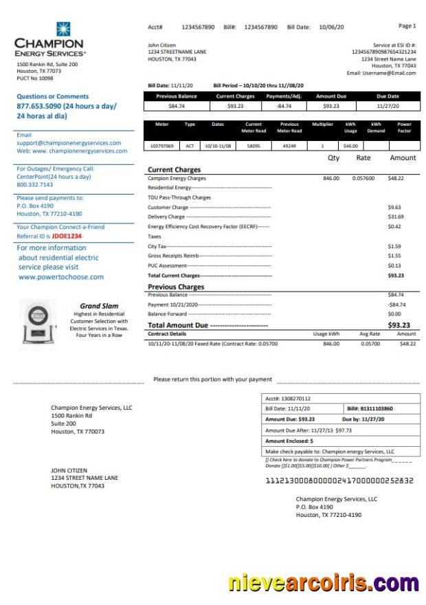 USA Texas Champion Energy Services proof of address utility bill